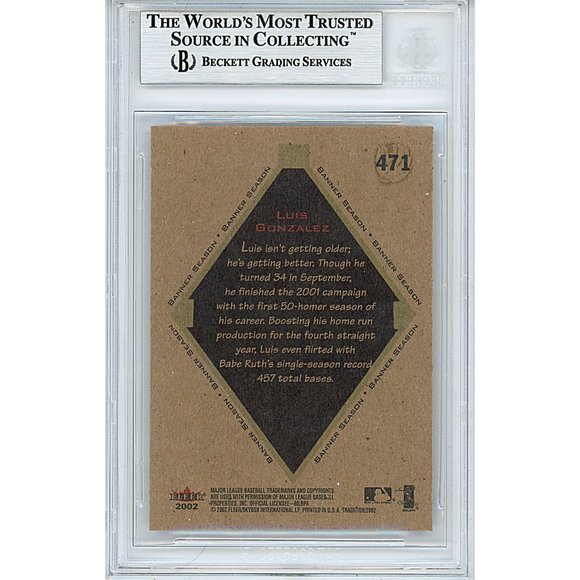 Luis Gonzalez DBacks Signed '02 Fleer Tradition Baseball Card Beckett Autograph - Picture 2 of 4